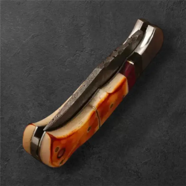 7" Damascus Folding Pocket Knife – Burnt Horn & Pakkawood Handle - Image 4