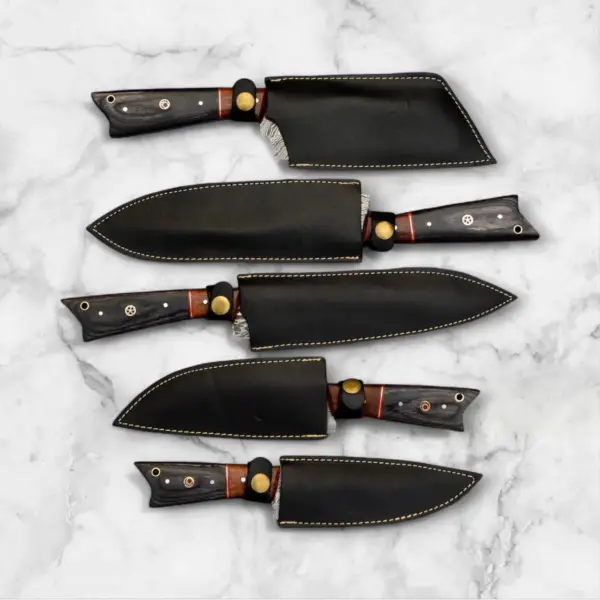 5-Piece Handmade Damascus Steel Chef Knife Set with Leather Roll - Image 4