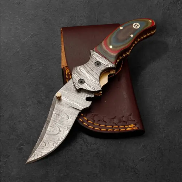 7” Damascus Folding Pocket Knife – Micarta Handle & Damascus Bolster