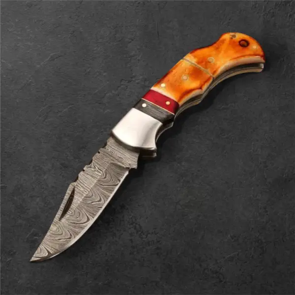 7" Damascus Folding Pocket Knife – Burnt Horn & Pakkawood Handle