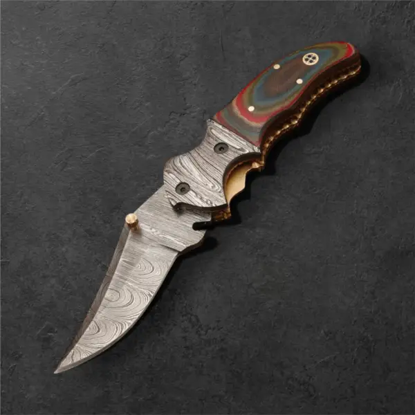 7” Damascus Folding Pocket Knife – Micarta Handle & Damascus Bolster - Image 4