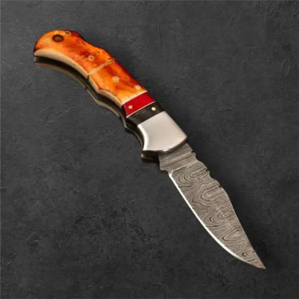7" Damascus Folding Pocket Knife – Burnt Horn & Pakkawood Handle - Image 2