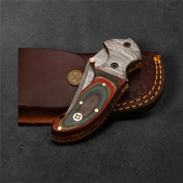 7” Damascus Folding Pocket Knife – Micarta Handle & Damascus Bolster - Image 5