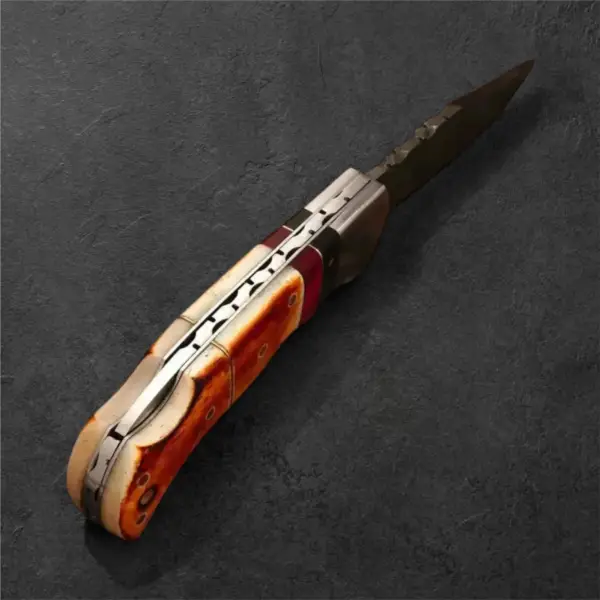 7" Damascus Folding Pocket Knife – Burnt Horn & Pakkawood Handle - Image 3