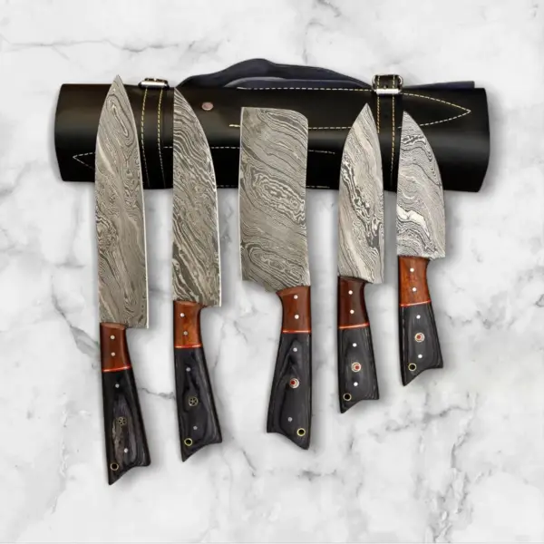 5-Piece Handmade Damascus Steel Chef Knife Set with Leather Roll