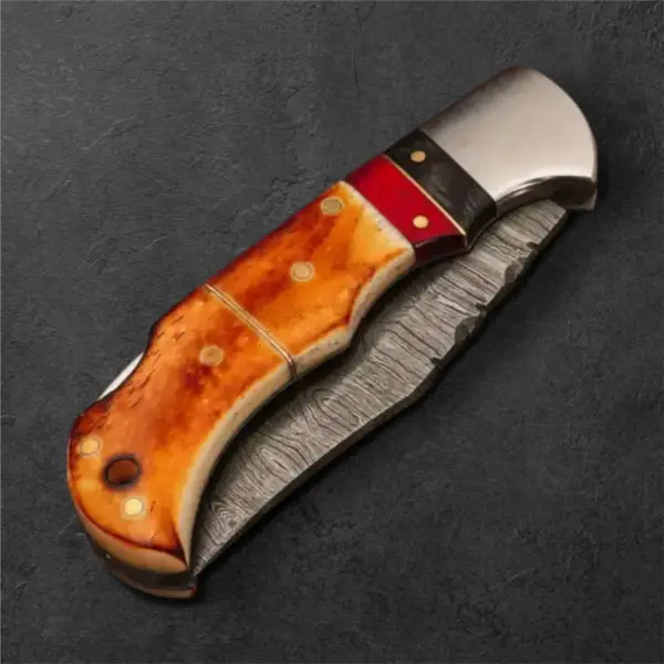 7" Damascus Folding Pocket Knife – Burnt Horn & Pakkawood Handle - Image 6