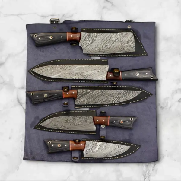 5-Piece Handmade Damascus Steel Chef Knife Set with Leather Roll - Image 2