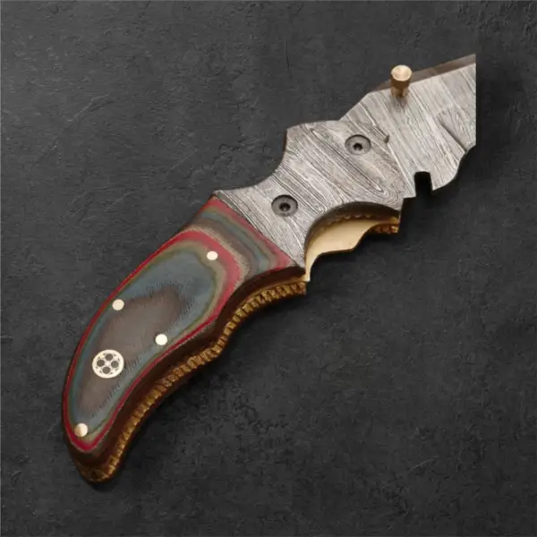 7” Damascus Folding Pocket Knife – Micarta Handle & Damascus Bolster - Image 2