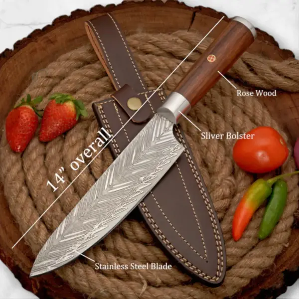 14” Handmade D2 Stainless Steel Chef Knife – Forged Blade with Rosewood Handle & Leather Sheath - Image 10