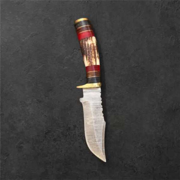 Handmade Damascus Steel Hunting Knife – 8” EDC Blade with Brass Guard & Stag Handle | Includes Leather Sheath - Image 3