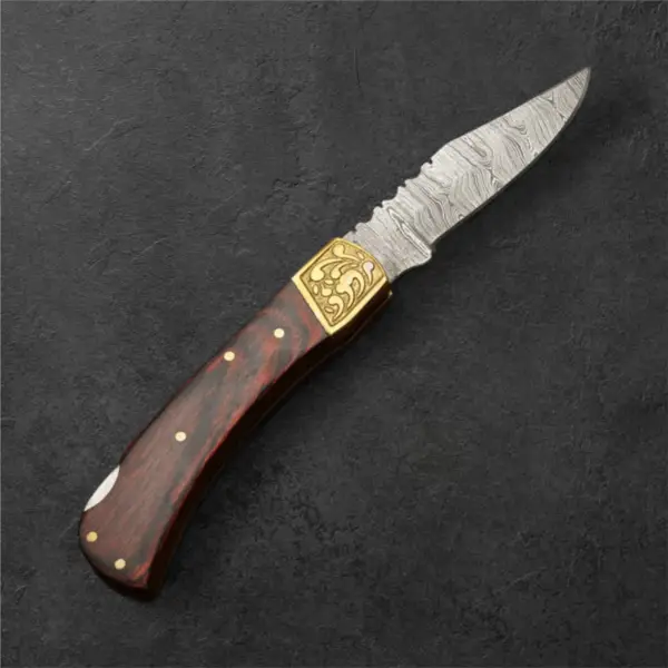 7" Damascus Folding Knife – Engraved Brass Bolster & Pakkawood Handle | Handmade EDC Pocket Knife with Leather Sheath - Image 2