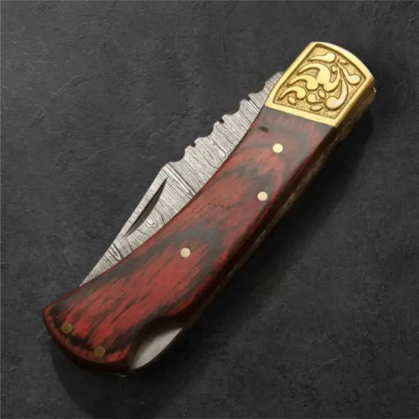 7" Damascus Folding Knife – Engraved Brass Bolster & Pakkawood Handle | Handmade EDC Pocket Knife with Leather Sheath - Image 3
