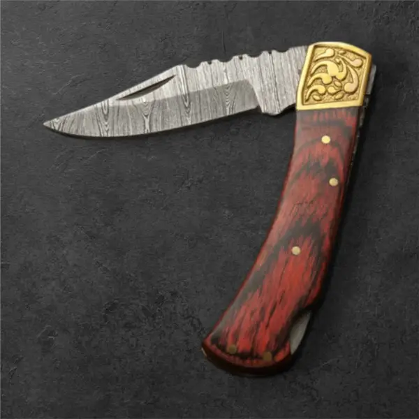 7" Damascus Folding Knife – Engraved Brass Bolster & Pakkawood Handle | Handmade EDC Pocket Knife with Leather Sheath