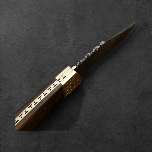 7" Damascus Folding Knife – Engraved Brass Bolster & Pakkawood Handle | Handmade EDC Pocket Knife with Leather Sheath - Image 5