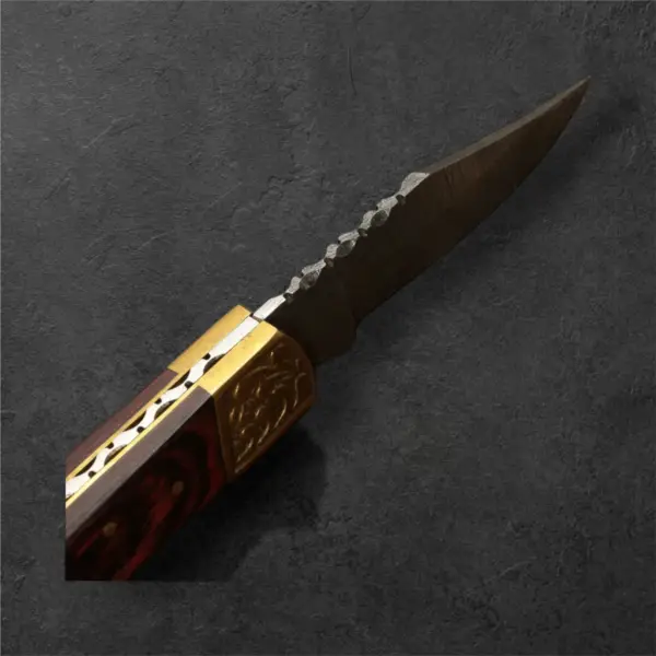 7" Damascus Folding Knife – Engraved Brass Bolster & Pakkawood Handle | Handmade EDC Pocket Knife with Leather Sheath - Image 7
