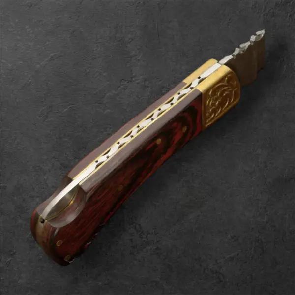 7" Damascus Folding Knife – Engraved Brass Bolster & Pakkawood Handle | Handmade EDC Pocket Knife with Leather Sheath - Image 6