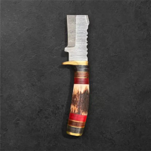 Handmade Damascus Steel Hunting Knife – 8” EDC Blade with Brass Guard & Stag Handle | Includes Leather Sheath - Image 6